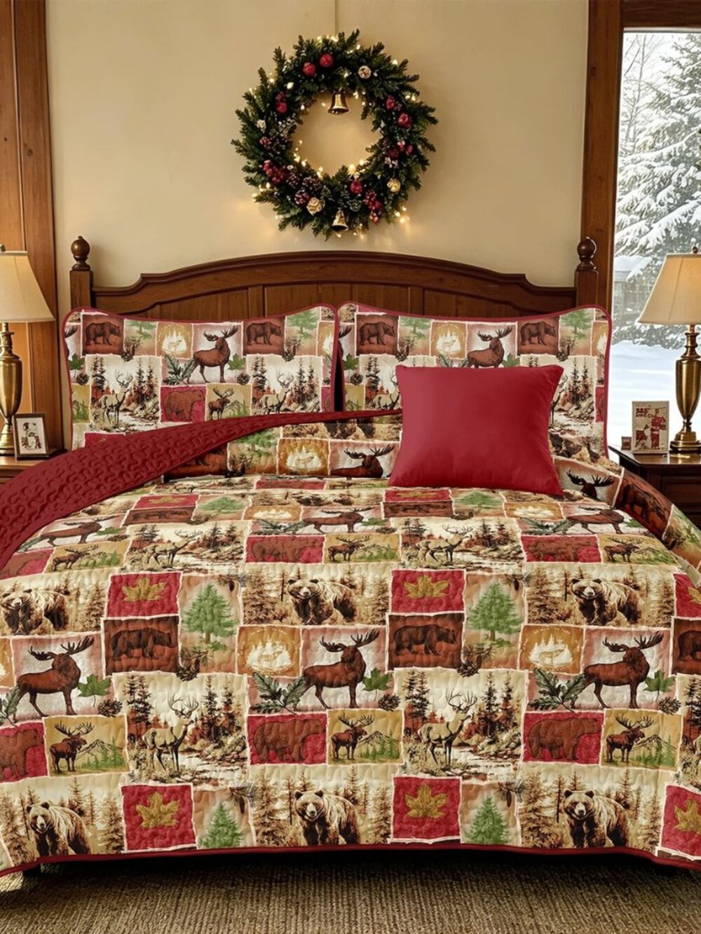 Christmas Quilts Queen Size, Rustic Patchwork Bedding Set